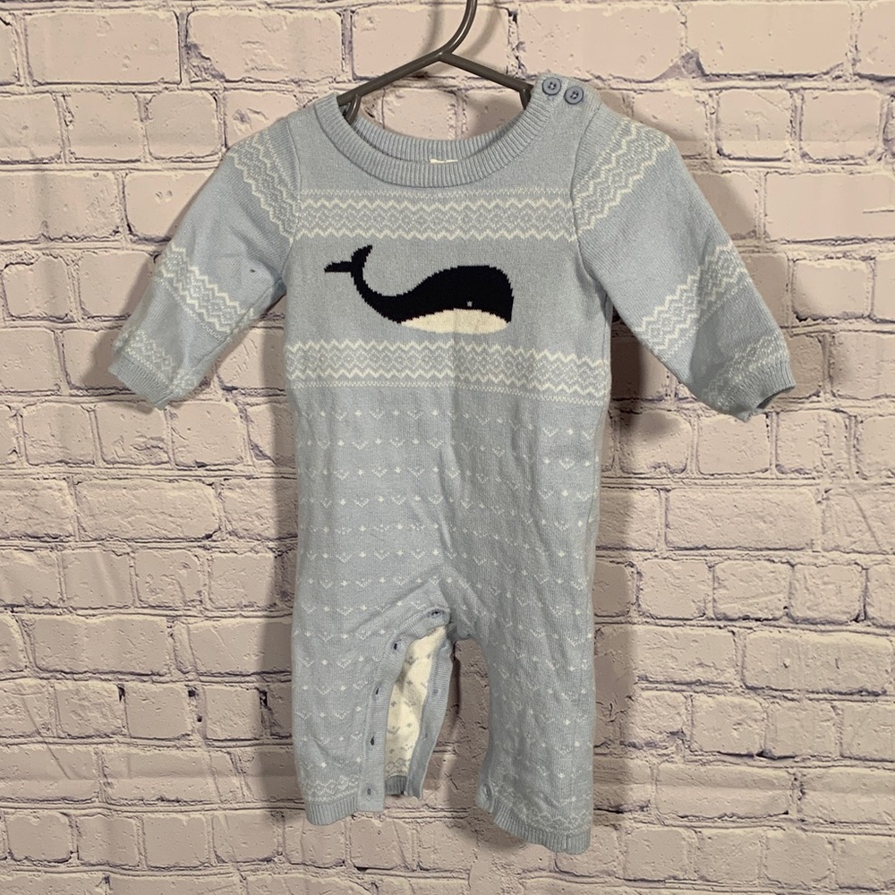 Janie & Jack Baby Fair Isle Whale One-Piece Blue Knit Cotton Size 0-3M Holiday